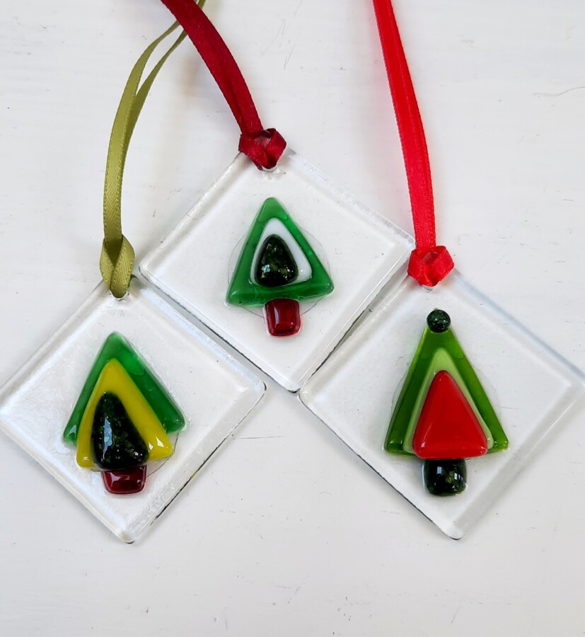 Set of three festive fir tree decorations in fused glass